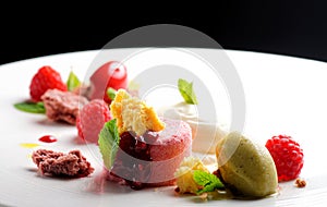 Fine dining dessert, Raspberry Parfait, ice cream, white chocolate