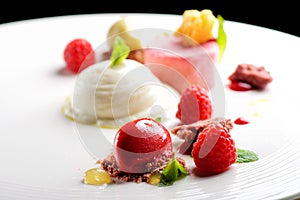 Fine dining dessert, Raspberry Parfait, ice cream, white chocolate