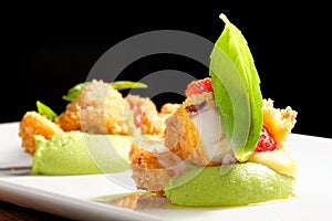 Fine dining, Fried Octopus on basil mousse