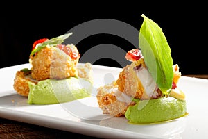 Fine dining, Fried Octopus on basil mousse