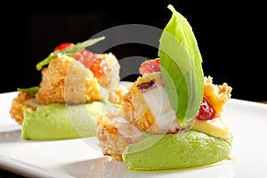 Fine dining, Fried Octopus on basil mousse