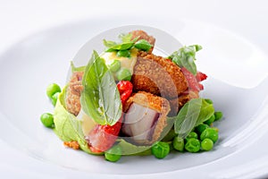 Fine dining, Fried Octopus on basil mousse, green peas