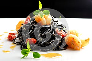 Fine dining, Italian squid ink pasta with shrimp