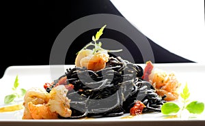 Fine dining, Italian squid ink pasta with shrimp
