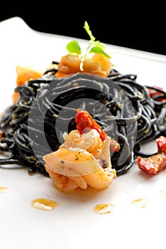 Fine dining, Italian squid ink pasta with shrimp