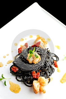 Fine dining, Italian squid ink pasta with shrimp