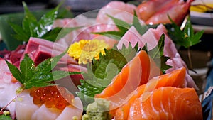 Fine dining in a Japanese restaurant with a close-up view of the delicious seafood