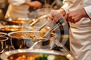 A fine dining kitchen in action, with chefs in white uniforms focused on preparing multiple gourmet dishes, the air filled with photo