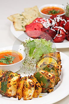 Fine dining meal, chicken shish kebab