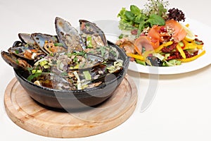 Fine dining meal, new zealand mussels and salmon
