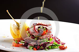 Fine dining octopus salad with lemon slice
