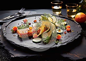 Fine dining restaurant meal with seafood salmon tuna and vegetables on blackstone plate.Macro.AI Generative