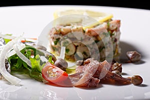 Fine dining seafood appetizer with Anchovies