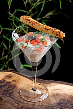 Fine dining, shrimp cocktail with cream, tomato