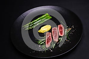 Fine dining style dish with dry aged beef steak
