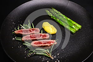 Fine dining style dish with dry aged beef steak