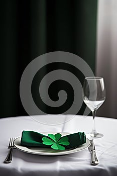 Fine dining table setup, shamrock decor on green napkin, celebration, luxury dinnerware, copy space