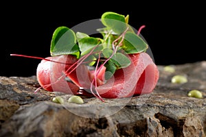 Fine dining, Tuna sashimi and Wasabi sauce photo