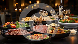 Fine Dinner table with food and snacks. Variety dishes, salads, sliced meats, ham, vegetables, wine glasses