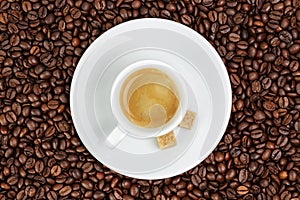 Fine espresso in cup on coffee beans
