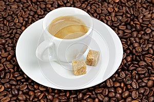 Fine espresso in cup on coffee beans