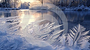 Fine featherlike frost designs etched across a frozen lake creating a peaceful winter scene