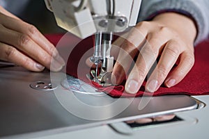 Machine sewing, hand sewing, sewing, embroidery, clothes, hands, machine, background, clothing, apparel, craft, cut, apparel, fabr photo