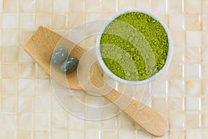 Japanese Matcha green tea powder, extracted Green tea concentrate in soft gel supplement capsule photo