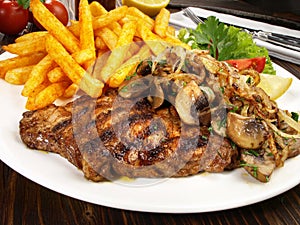 Fine Meat - Grilled Pork Neck Steak with French Fries, Onions and Mushrooms