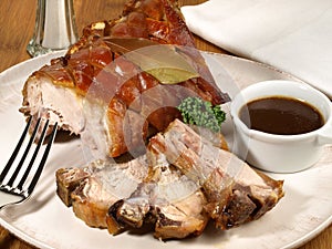 Fine Meat - Pork Roast with Crackle and Sauce isolated on white Background