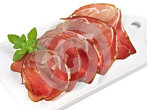 Fine Meat - Smoked Black Forest Ham Slices on white Background isolated on white Background