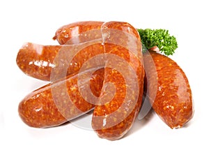 Fine Meat - Smoked Pork Sausages with Cale on white Background