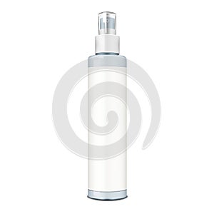 Fine mist spray bottle with clear transparent lid and white blank label realistic mock-up. Cosmetic pump container vector mockup