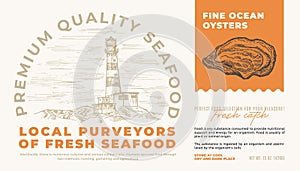 Fine Ocean Seafood Product Abstract Vector Packaging Label Design. Modern Typography and Hand Drawn Oyster Shell Sketch