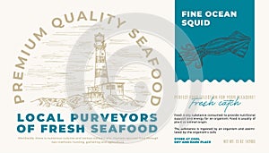 Fine Ocean Seafood Product Abstract Vector Packaging Label Design. Modern Typography and Hand Drawn Squid Sketch photo