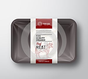 Fine Quality Beef Meat. Abstract Vector Plastic Tray Container with Cellophane Cover. Packaging Design Label. Modern