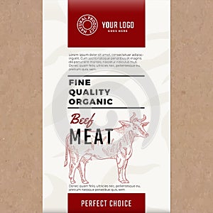 Fine Quality Organic Beef. Abstract Vector Meat Packaging Design or Label. Modern Typography and Hand Drawn Cow