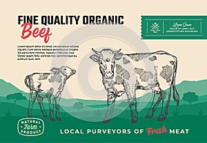 Fine Quality Organic Beef. Abstract Vector Meat Packaging Design or Label. Modern Typography and Hand Drawn Cow with