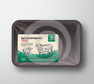 Fine Quality Organic Beef. Abstract Vector Meat Plastic Tray Container with Cellophane Cover. Packaging Design Label