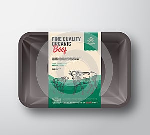 Fine Quality Organic Beef. Abstract Vector Meat Plastic Tray Container with Cellophane Cover. Vertical Packaging Design