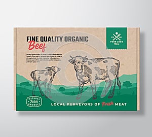 Fine Quality Organic Beef. Vector Meat Packaging Label Design on a Craft Cardboard Box Container. Modern Typography and