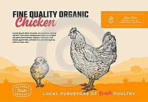 Fine Quality Organic Poultry. Abstract Vector Meat Packaging Design or Label. Modern Typography and Hand Drawn Chicken