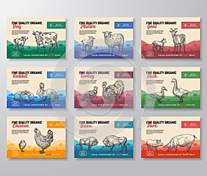 Fine Quality Organic Vector Meat Packaging Label Design Collection. Modern Typography and Hand Drawn Domestic Animals