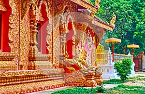 The fine relief patterns of Wat Phrao Wat Lum, Wat Phra That Lampang Luang, Lampang, Thailand