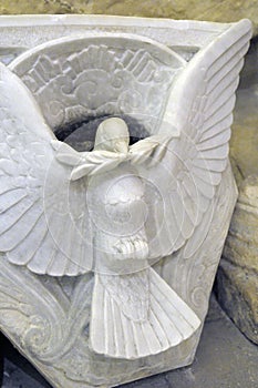 Fine stone carving of a dove in the crypt of Abbaye St-Victor, Marseille, Bouches-du-Rhone, Provence-Alpes-Cote d`Azur