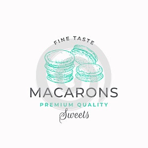 Fine Taste Macarons. Premium Quality Confectionary Abstract Sign, Symbol or Logo Template. Hand Drawn Cakes and photo