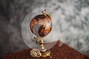 Fineart concept shot. Stilllife with rustic books  with flowers and globe on grey backgrouns photo