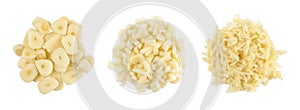 finely chopped garlic, grated garlic, set of three kinds isolated on white background, top view.