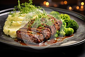 finely cooked beefsteak with broccoli ginger sauce mashed potatoes