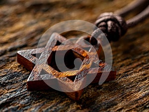 Intricate wooden pendant with geometric design on rustic background